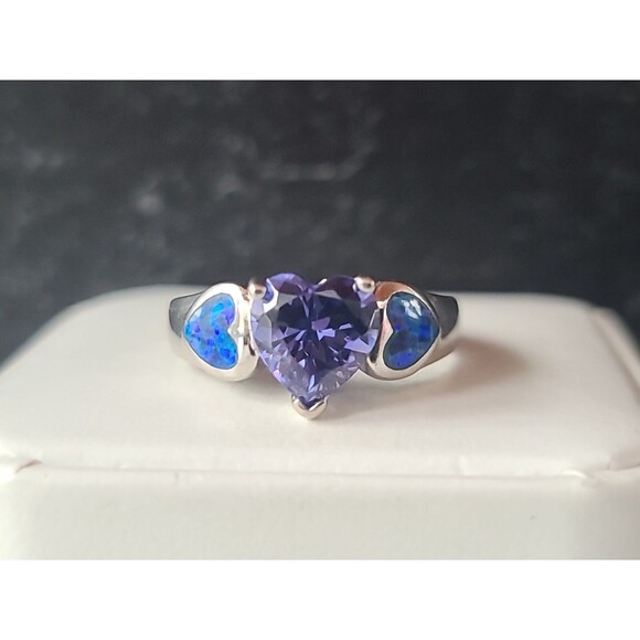 925 Sterling Silver Purple Glass & Faux Opal Heart Ring, Size US 7 Vintage - Picture 1 of 10